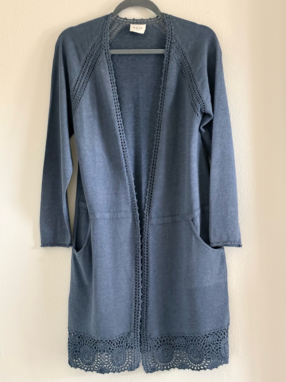 WRAP London Linen Cotton Blend Crochet Hem Longline Duster Cardigan Sweater